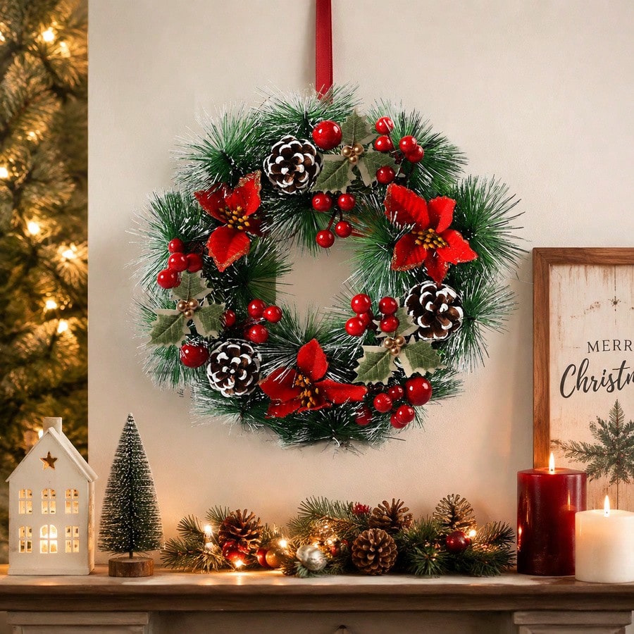 1Pc Christmas Wreath for Front - Christmas Wreath Fake ulasan dan harga